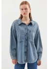 0694 Çift Cepli Oversize Denim Ceket - Buz Mavi