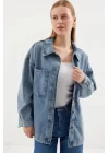 0694 Çift Cepli Oversize Denim Ceket - Buz Mavi