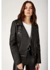 1025 Suni Deri Biker Ceket - Siyah