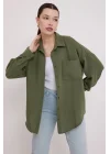 20153 Tek Cepli Oversize Keten Gömlek - Haki