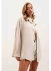 20153 Tek Cepli Oversize Keten Gömlek - Krem