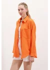 20153 Tek Cepli Oversize Keten Gömlek - Oranje