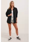 20153 Tek Cepli Oversize Keten Gömlek - Siyah