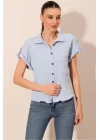 20187 Kısa Kol Oversize Örme Gömlek - Mavi