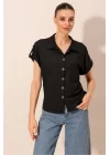 20187 Kısa Kol Oversize Örme Gömlek - Siyah