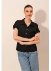 20187 Kısa Kol Oversize Örme Gömlek - Siyah