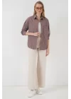 20205 Çizgili Oversize Gömlek - Kahverengi