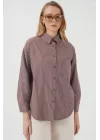 20205 Çizgili Oversize Gömlek - Kahverengi
