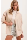20213 Oversize Kısa Kol Basic Gömlek - Krem