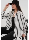 20254 Çizgili Oversize Basic Gömlek - Siyah - Beyaz