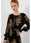 2145 Desenli Tesettür Elbise - C.Siyah