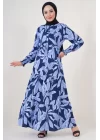 2145 Desenli Tesettür Elbise - Lacivert