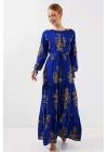 2145 Desenli Tesettür Elbise - Saks