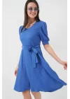 2370 Kuşaklı Örme Elbise - Saks