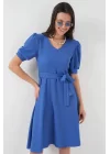 2370 Kuşaklı Örme Elbise - Saks