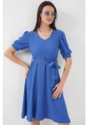 2370 Kuşaklı Örme Elbise - Saks