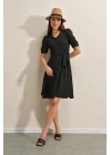2370 Kuşaklı Örme Elbise - Siyah