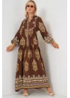 2423 Otantik Desenli Tesettür Elbise - Beyaz - Kahve