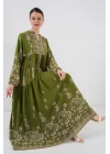 2423 Otantik Desenli Tesettür Elbise - D.Haki