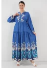 2423 Otantik Desenli Tesettür Elbise - F. İndigo