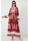 2423 Otantik Desenli Tesettür Elbise - G.Bordo