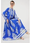 2423 Otantik Desenli Tesettür Elbise - Saks 3