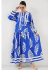 2423 Otantik Desenli Tesettür Elbise - Saks 3