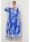 2423 Otantik Desenli Tesettür Elbise - Saks 3
