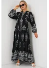 2423 Otantik Desenli Tesettür Elbise - Siyah 11