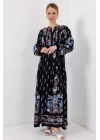 2423 Otantik Desenli Tesettür Elbise - Siyah - Mavi