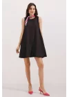 2444 Detaylı Mini Keten Elbise - Siyah