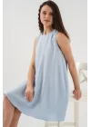 2444 Mini Keten Elbise - Açık Mavi