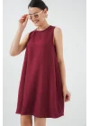 2444 Mini Keten Elbise - Bordo