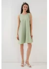 2444 Mini Keten Elbise - E.Yeşil