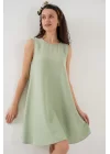 2444 Mini Keten Elbise - E.Yeşil