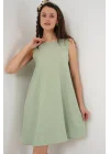 2444 Mini Keten Elbise - E.Yeşil