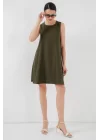 2444 Mini Keten Elbise - Haki
