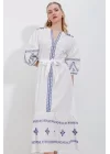 2479 Desenli Keten Elbise - Beyaz
