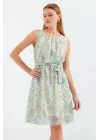 2501 Desenli Sıfır Kol Şifon Elbise - Mint