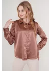 3964 Hafif Dökümlü Saten Gömlek - Taba