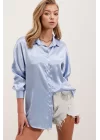 3985 Oversize Saten Gömlek - Mavi
