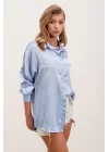 3985 Oversize Saten Gömlek - Mavi