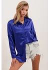 3985 Oversize Saten Gömlek - Saks