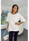 4123 Yırtmaçlı Oversize Tişört - Beyaz