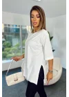 4123 Yırtmaçlı Oversize Tişört - Beyaz