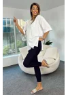 4123 Yırtmaçlı Oversize Tişört - Beyaz