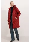 5138 Kapitone Uzun Şişme Mont - Bordo