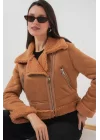 5155 Kruvaze Yaka Suni Kürklü Deri Mont - A.Kahve