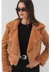 5155 Kruvaze Yaka Suni Kürklü Deri Mont - A.Kahve