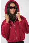 5193 Kapüşonlu Peluş Crop Ceket - Bordo